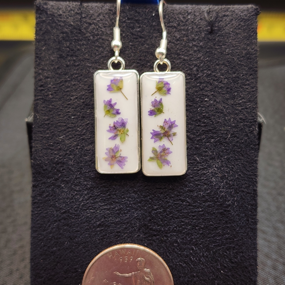 Real Pressed Purple Flower Rectangular Earrings - Picture 2 of 4